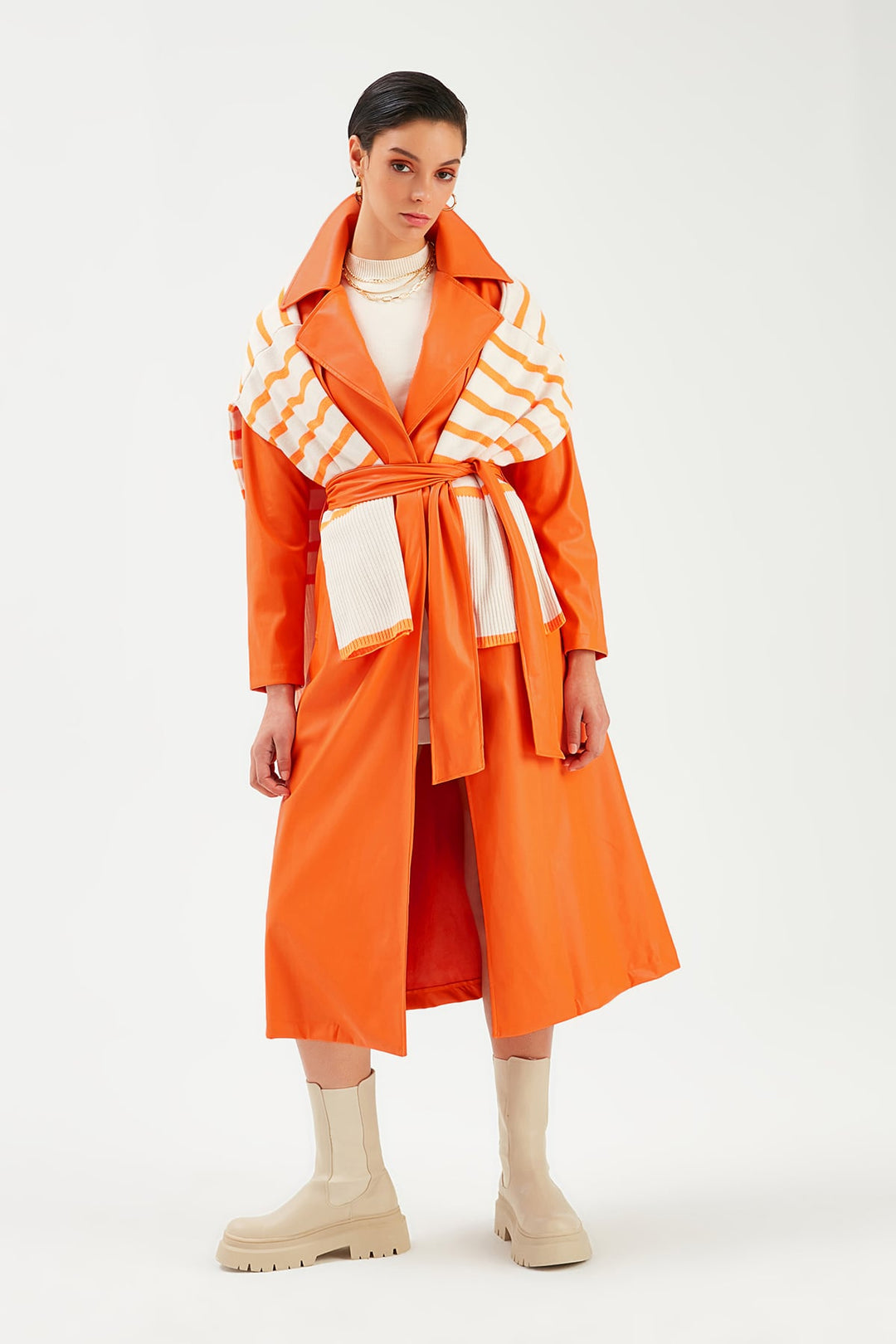 Sateen Trench en cuir long ceinturé - oranj