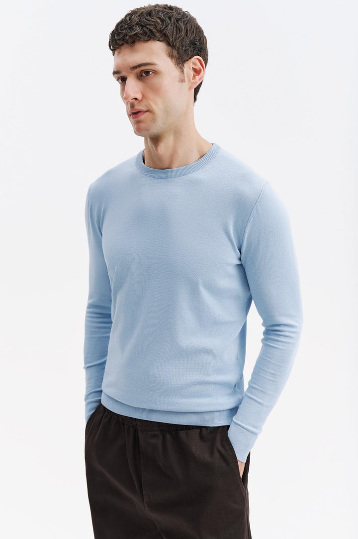 Giesto T-shirt en tricot bleu à col rond à manches longues - Bleu