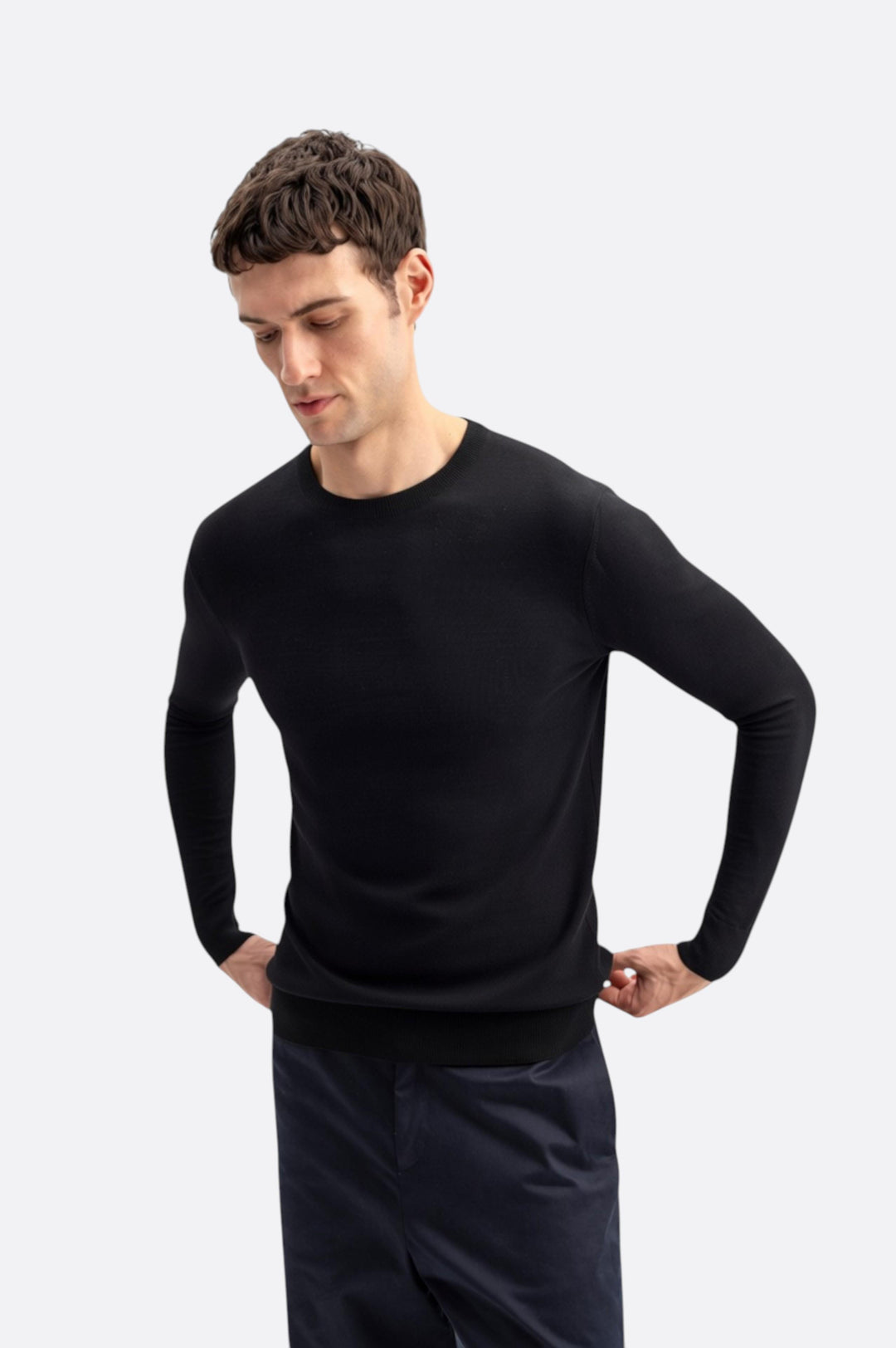 Giesto T-shirt en tricot noir à col rond à manches longues - Noir