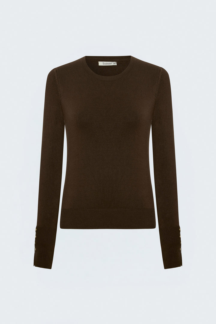 Sateen Tricot à manches longues avec détails pression - Marron