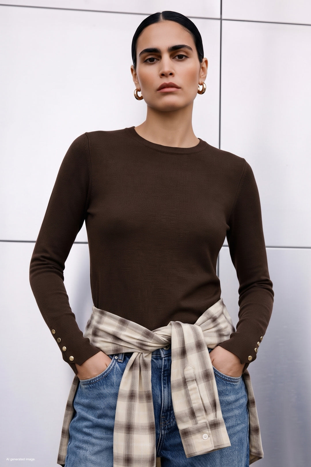 Sateen Tricot à manches longues avec détails pression - Marron