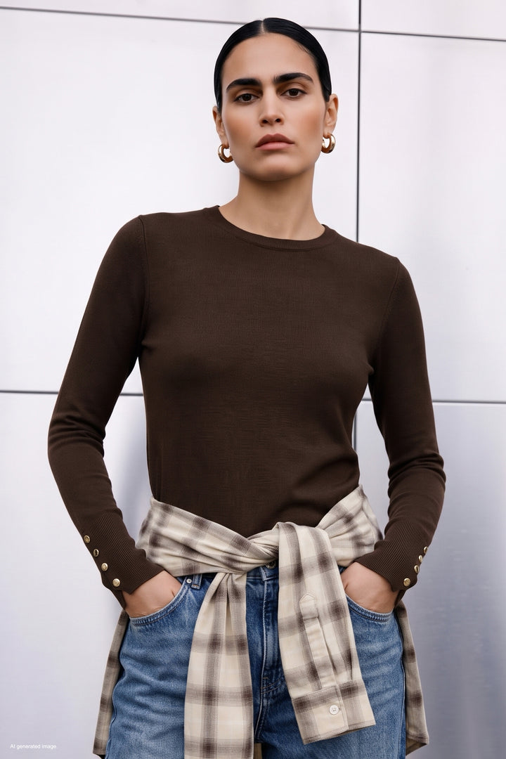 Sateen Tricot à manches longues avec détails pression - Marron