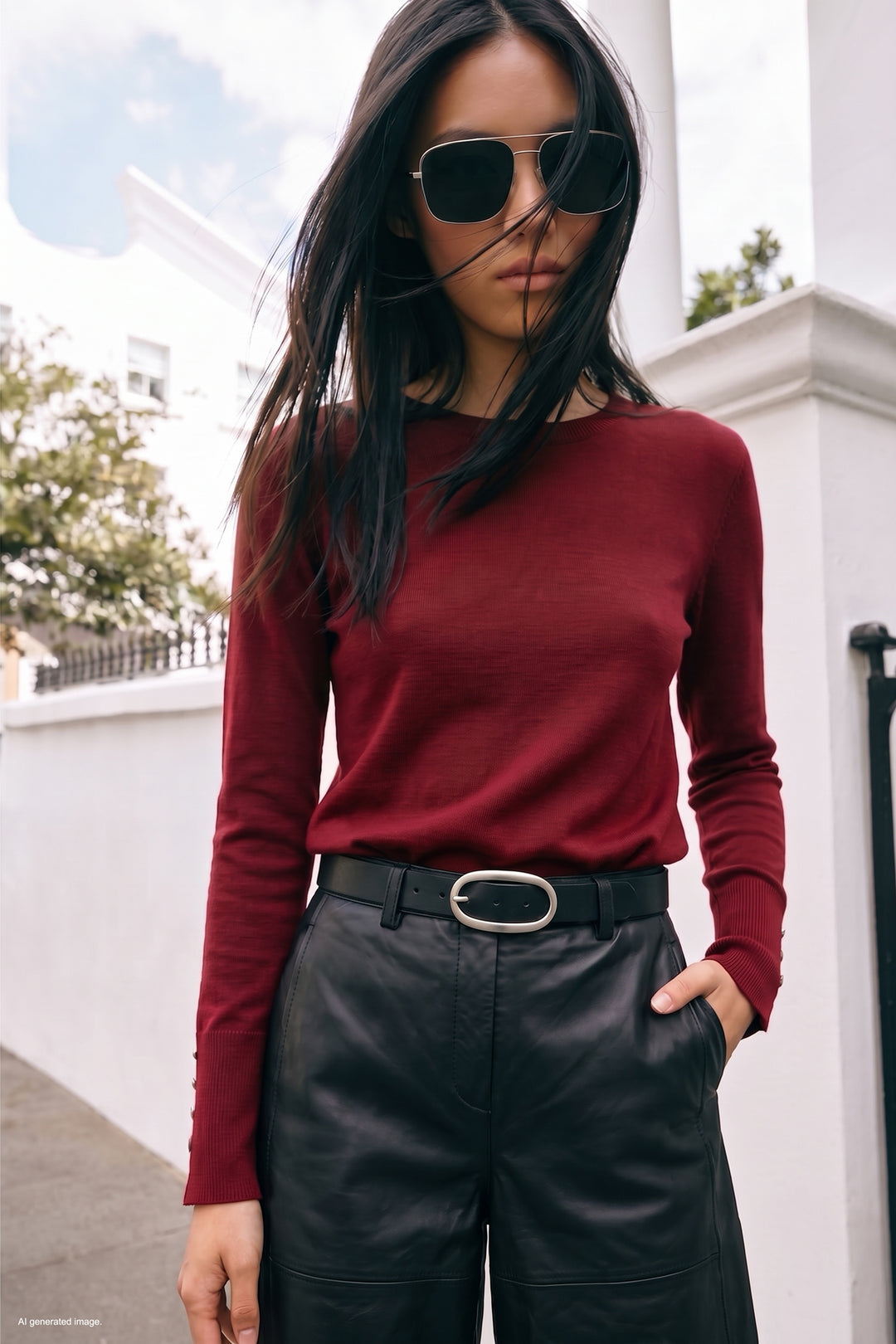 Sateen Tricot à manches longues avec détails pression - Rouge