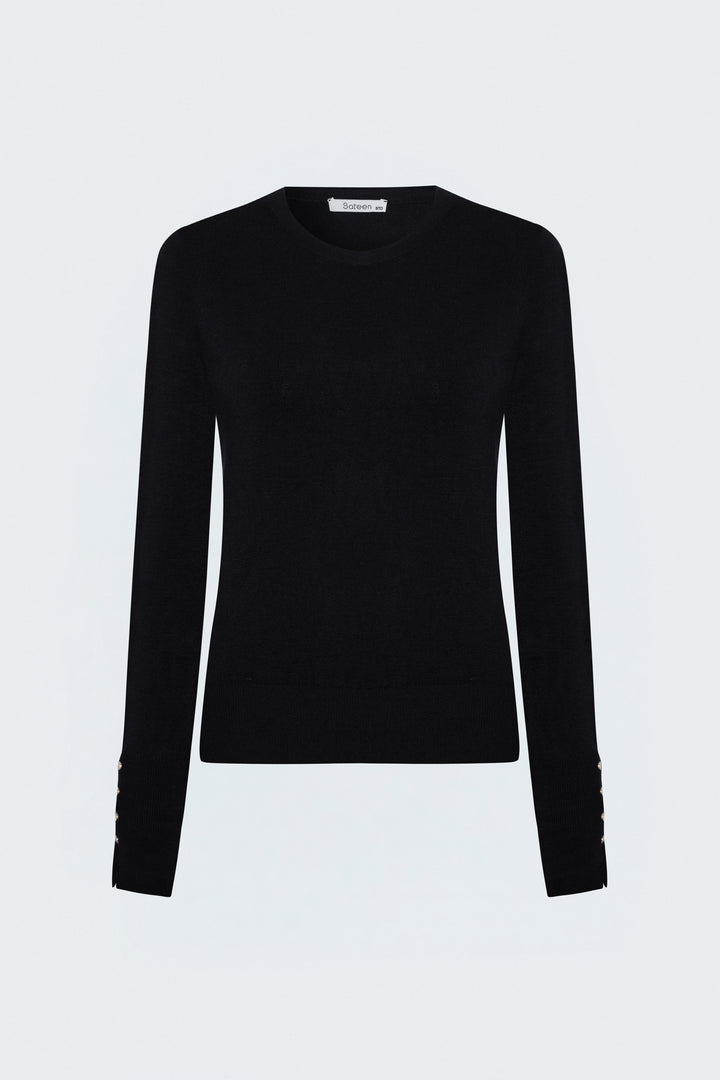 Sateen Tricot à manches longues avec détails pression - Noir