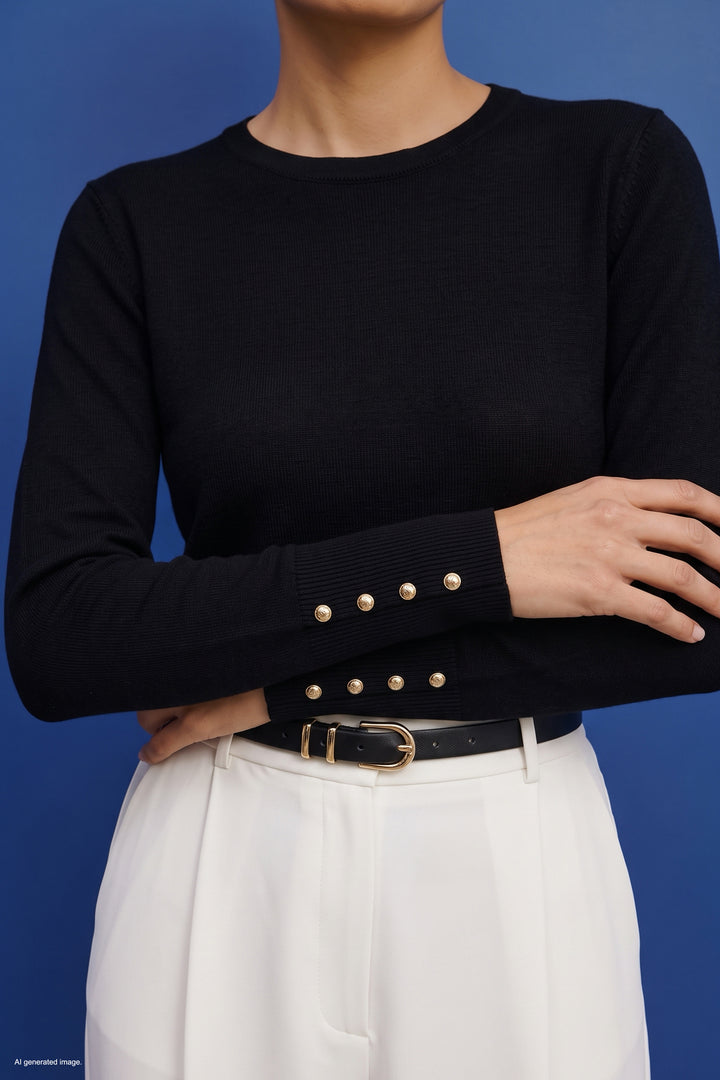 Sateen Tricot à manches longues avec détails pression - Noir