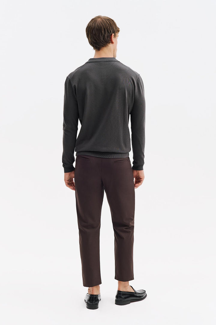 Giesto T-shirt en tricot anthracite à col polo à manches longues - Anthracite