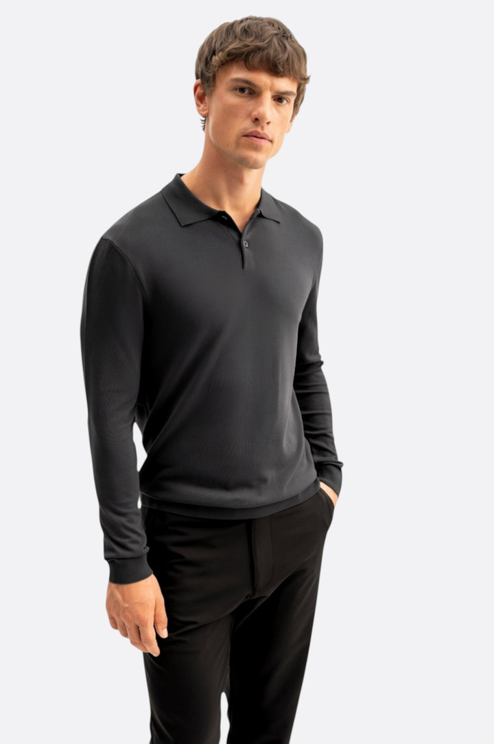 Giesto T-shirt en tricot anthracite à col polo à manches longues - Anthracite