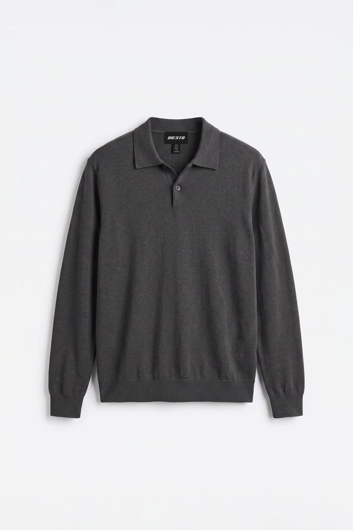 Giesto T-shirt en tricot anthracite à col polo à manches longues - Anthracite