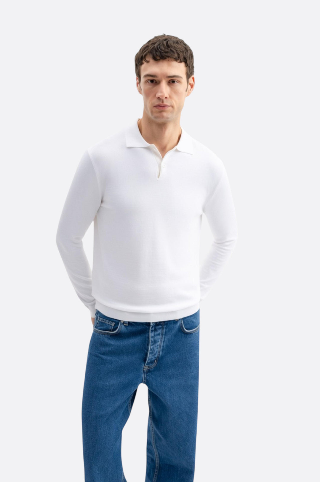 Giesto T-shirt en tricot à col polo blanc à manches longues - Blanc