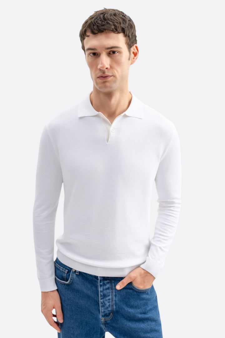 Giesto T-shirt en tricot à col polo blanc à manches longues - Blanc