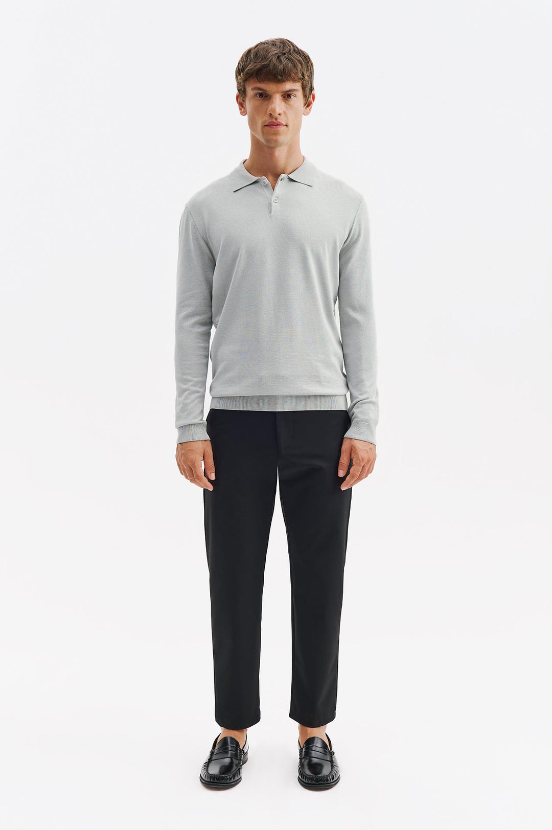Giesto T-shirt en tricot à col polo gris à manches longues - Gris