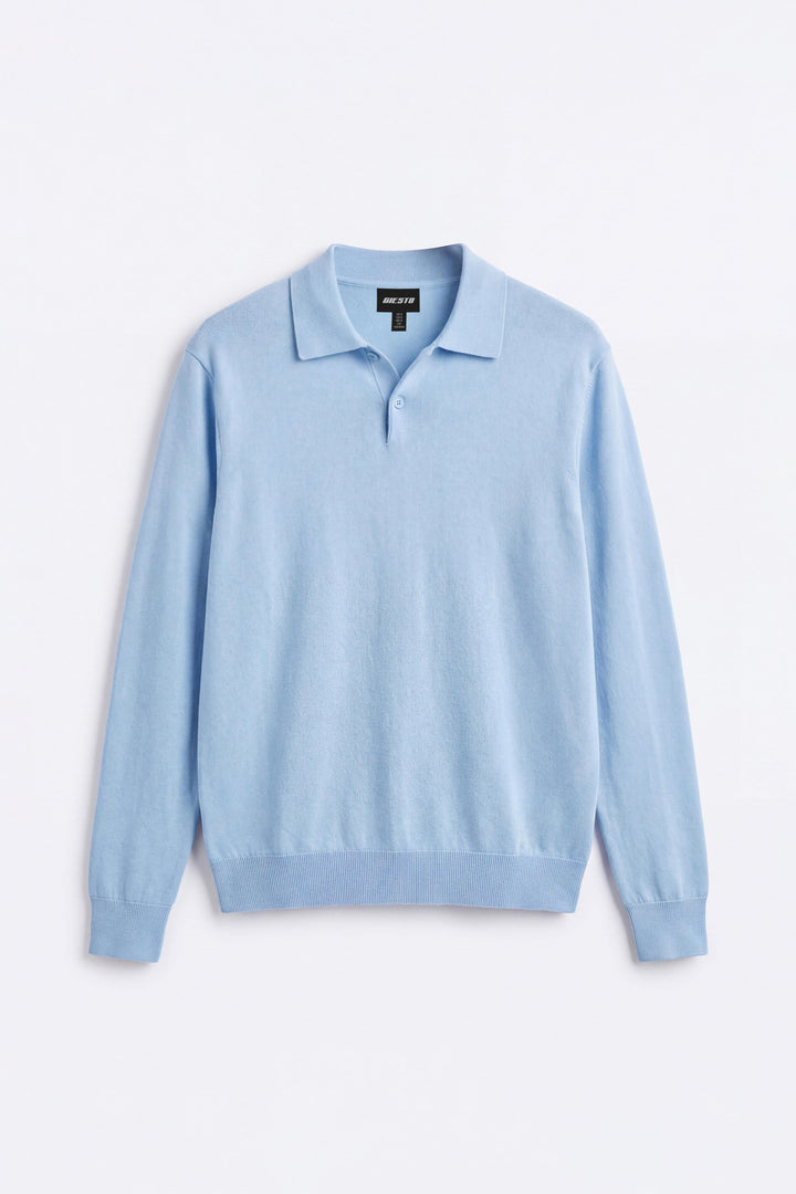 Giesto T-shirt en tricot bleu à col polo à manches longues - Bleu