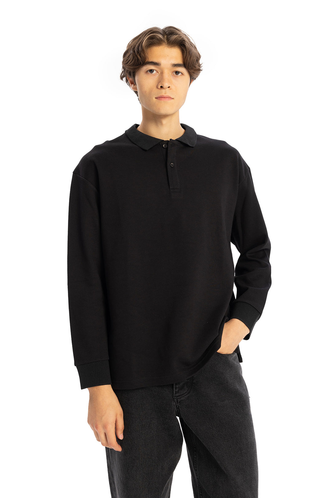 Giesto T-shirt à col polo à manches longues - Noir