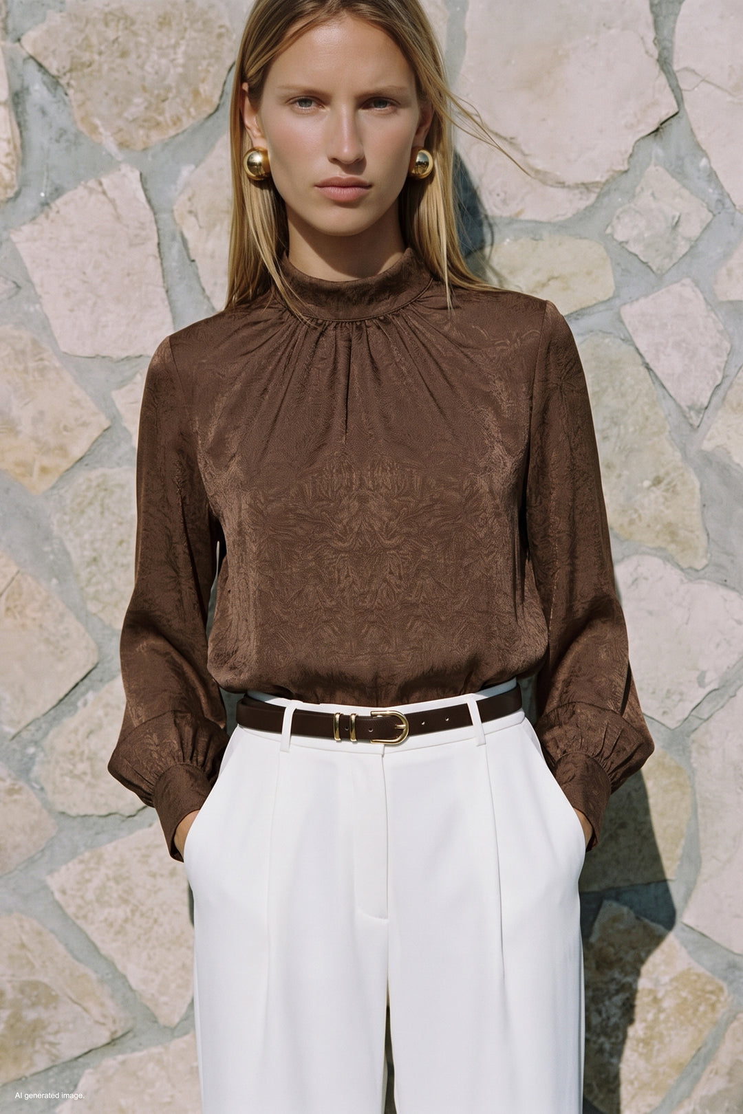 Sateen Blouse à Manches Longues - Clair Marron