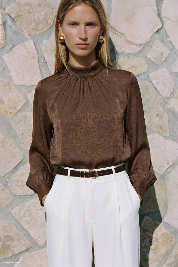 Sateen Blouse à Manches Longues - Clair Marron