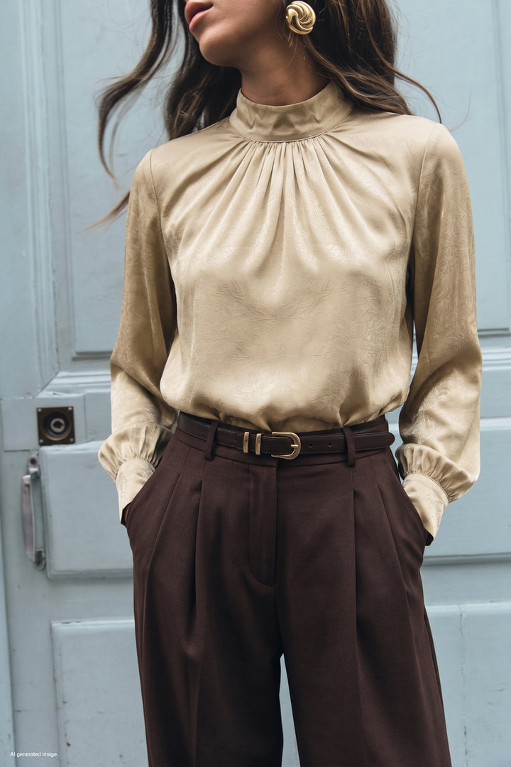 Sateen Blouse à Manches Longues - Beige