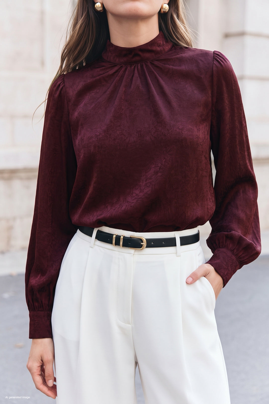 Sateen Blouse à Manches Longues - Bordeaux