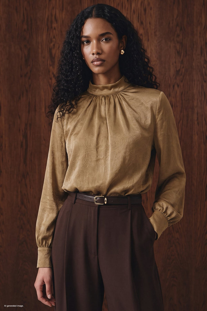 Sateen Blouse à manches longues - Camel