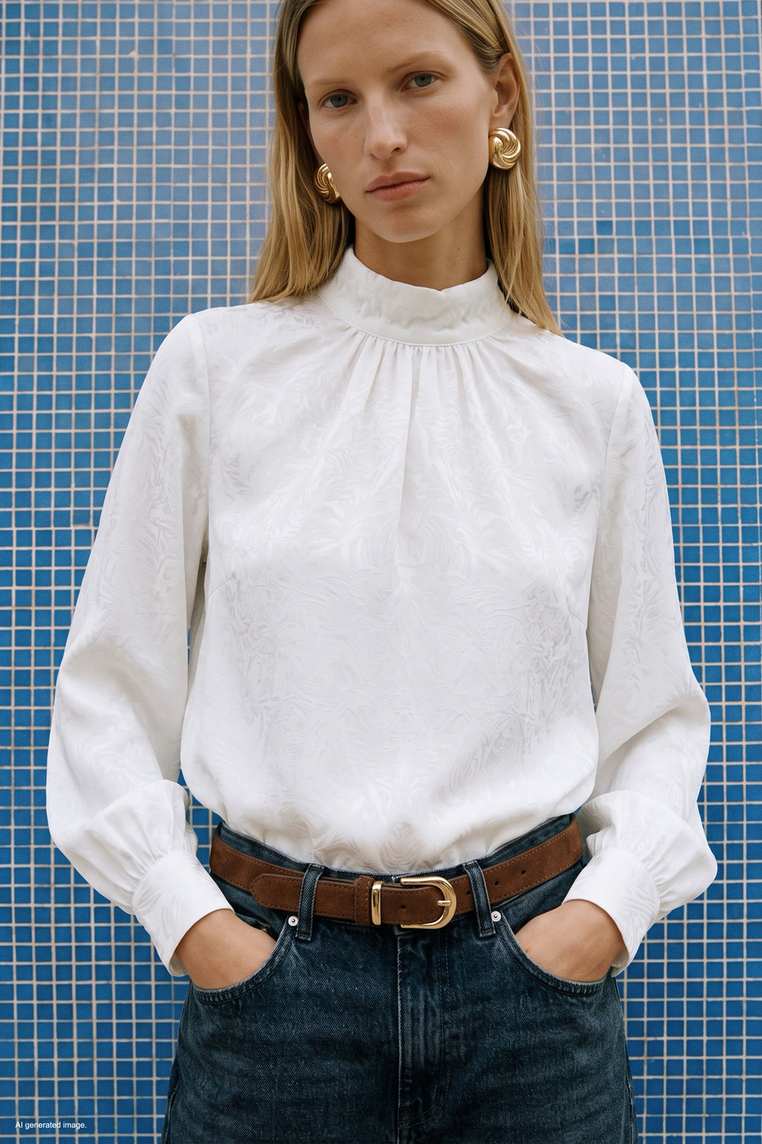 Sateen Blouse à Manches Longues - Écru