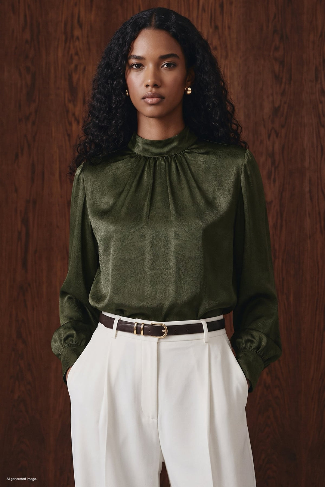 Sateen Blouse à manches longues - Kaki