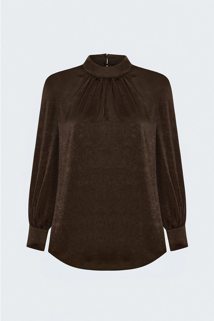 Sateen Blouse à Manches Longues - Marron