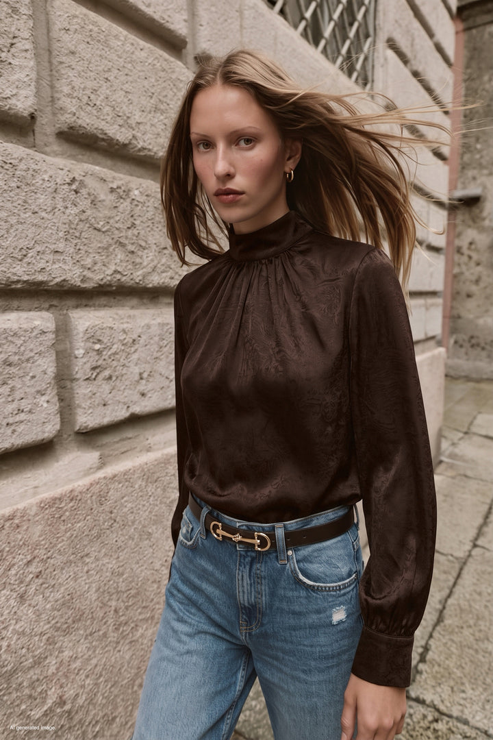 Sateen Blouse à Manches Longues - Marron