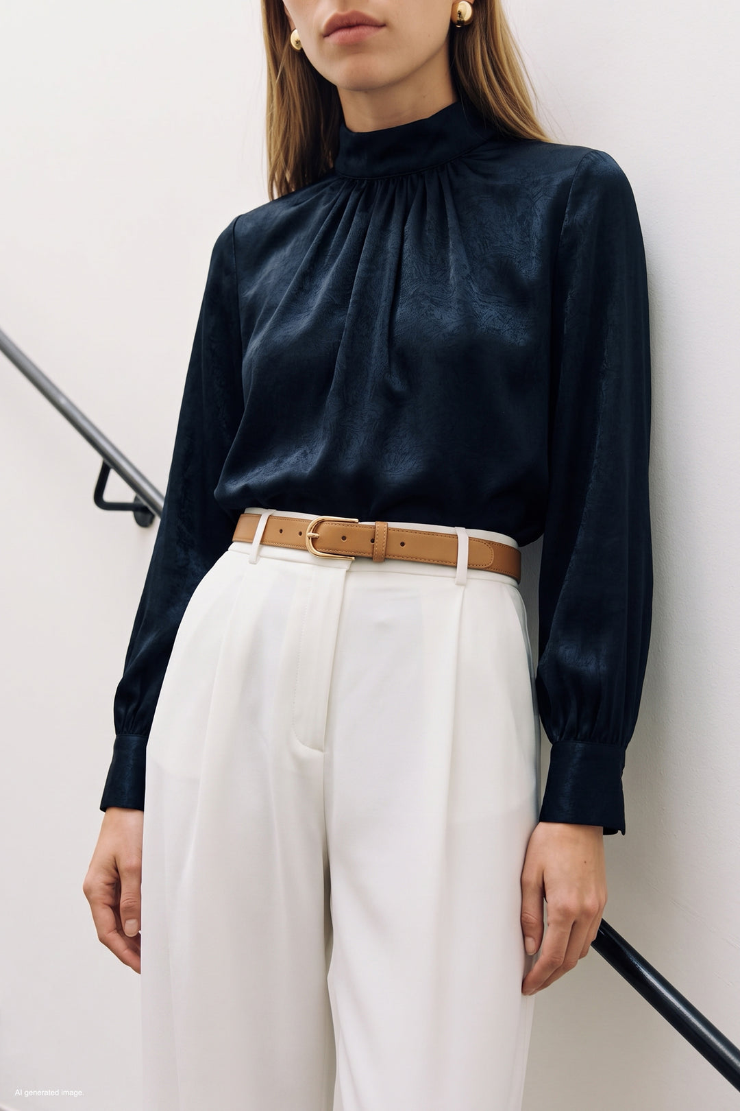 Sateen Blouse à Manches Longues - Bleu marine