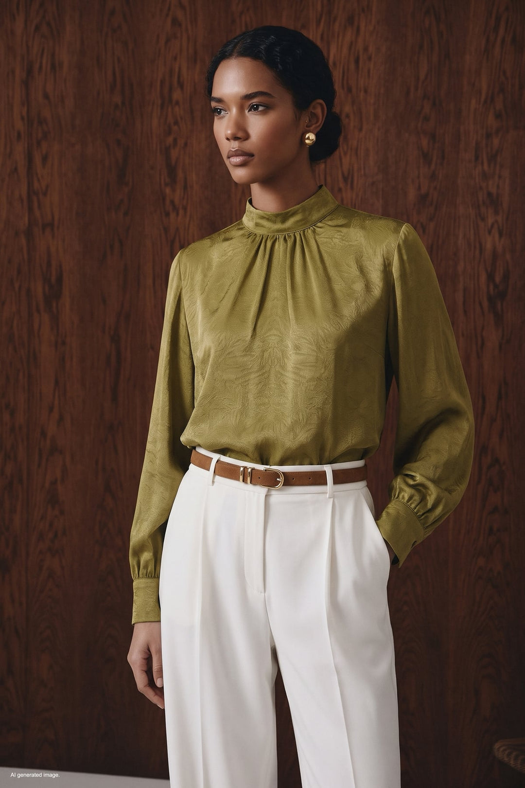 Sateen Blouse à manches longues - Olive