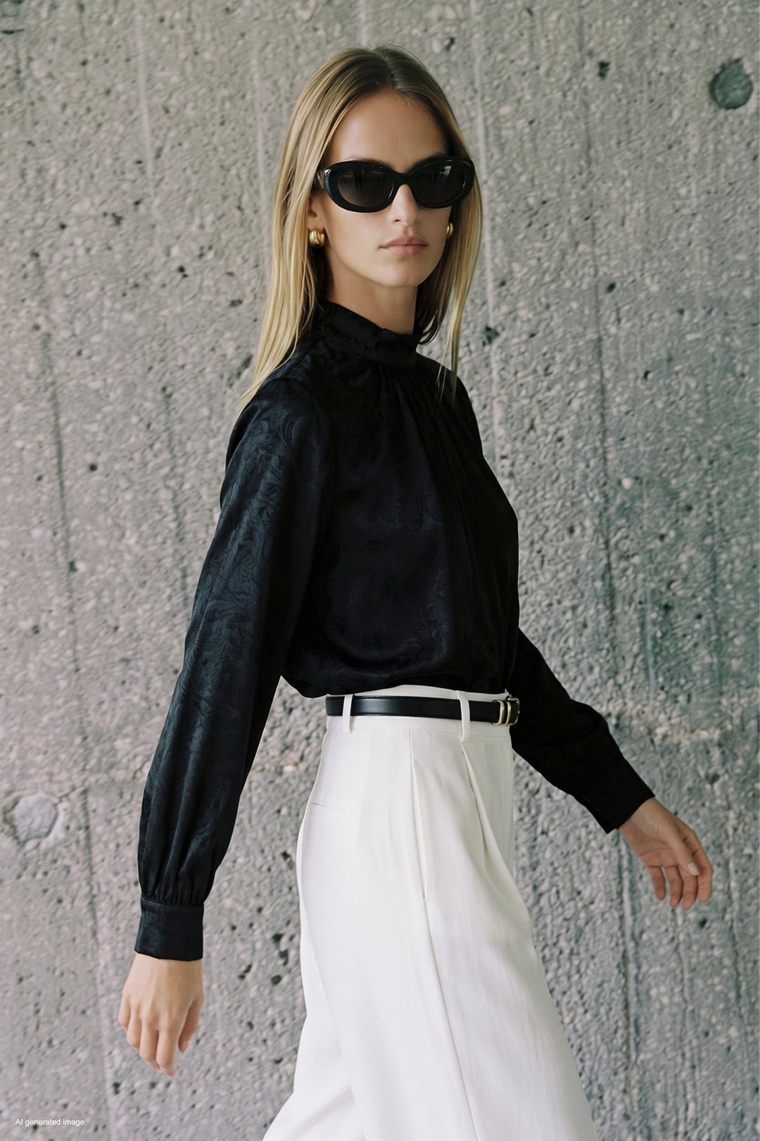 Sateen Blouse à Manches Longues - Noir