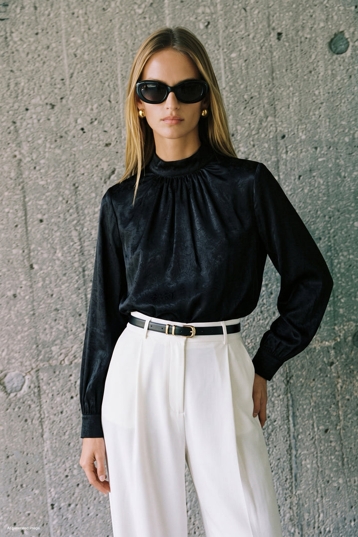 Sateen Blouse à Manches Longues - Noir