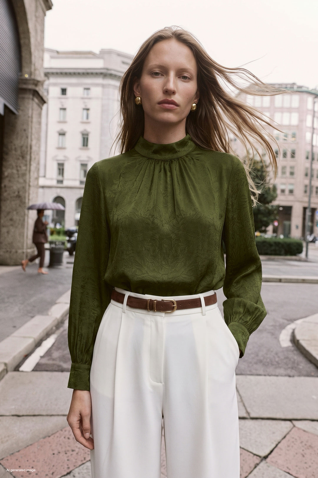 Sateen Blouse à Manches Longues - Vert