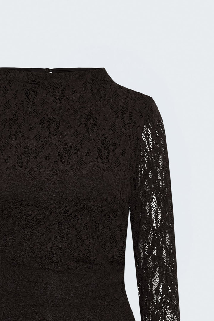Sateen Robe en dentelle à manches longues - Marron