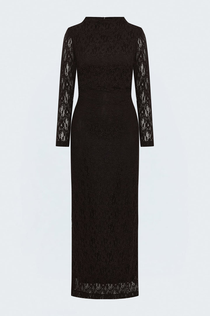 Sateen Robe en dentelle à manches longues - Marron