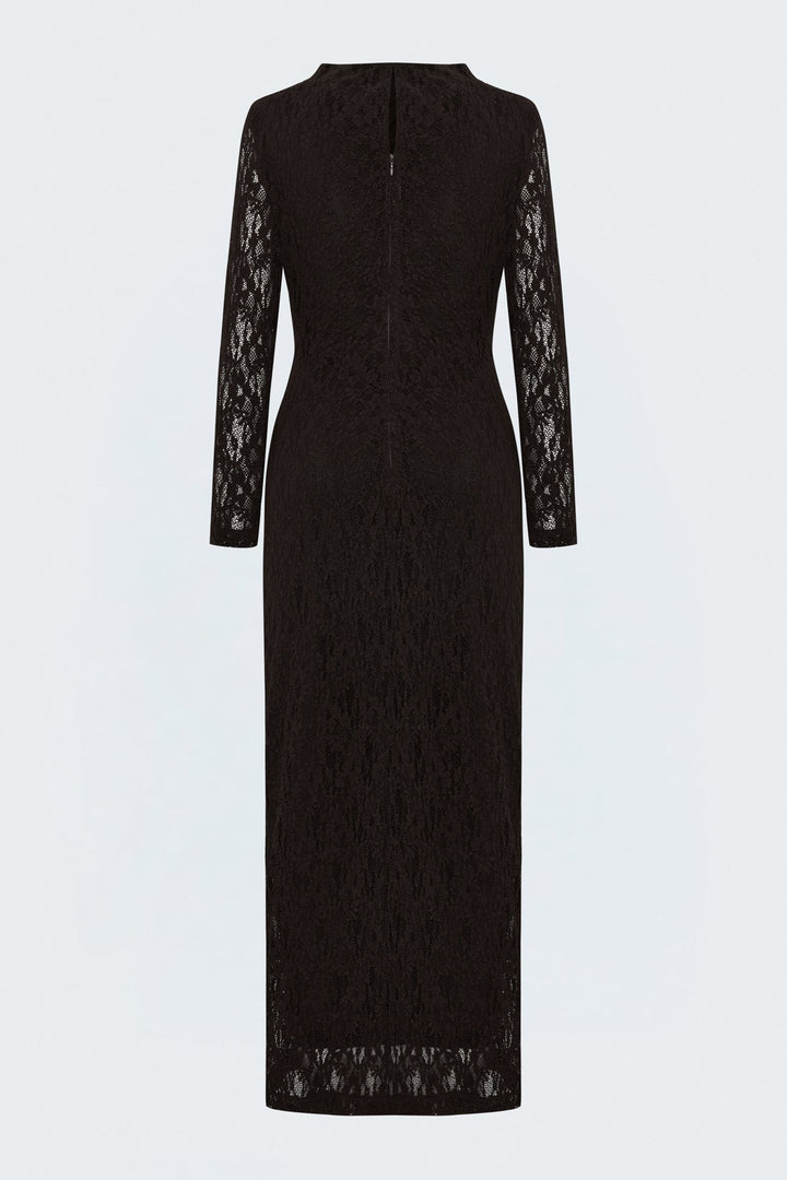 Sateen Robe en dentelle à manches longues - Marron