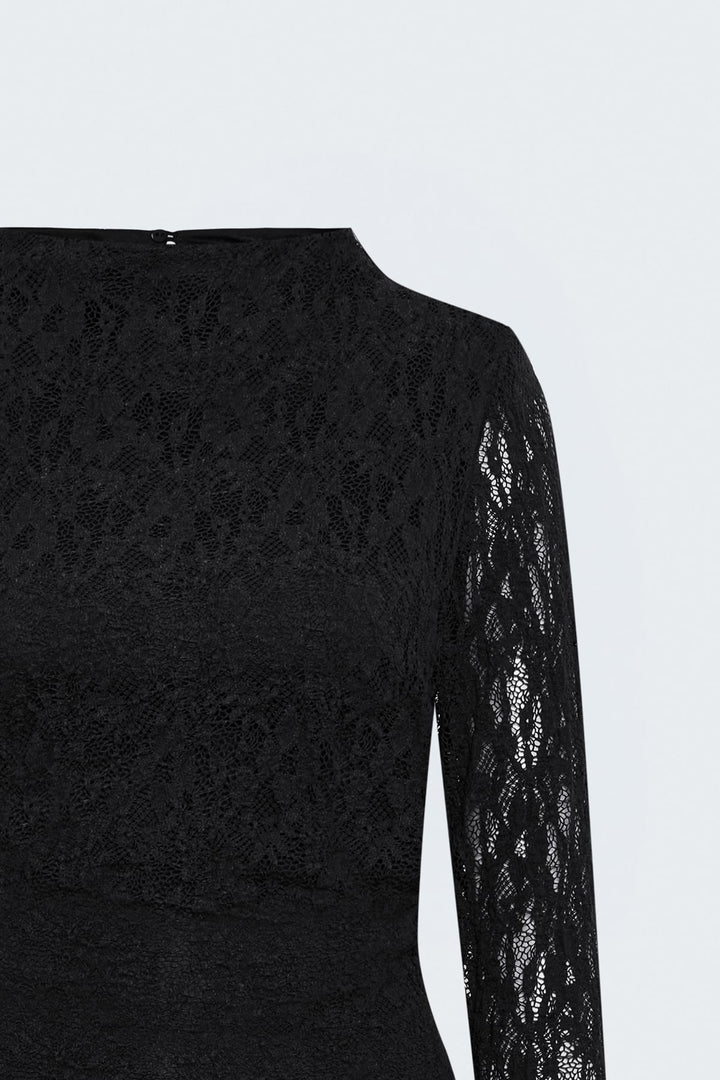 Sateen Robe en dentelle à manches longues - Noir