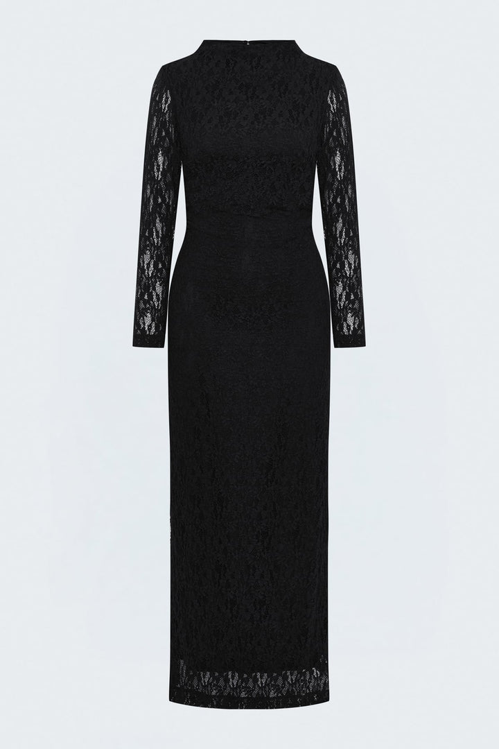 Sateen Robe en dentelle à manches longues - Noir