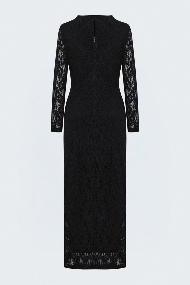 Sateen Robe en dentelle à manches longues - Noir