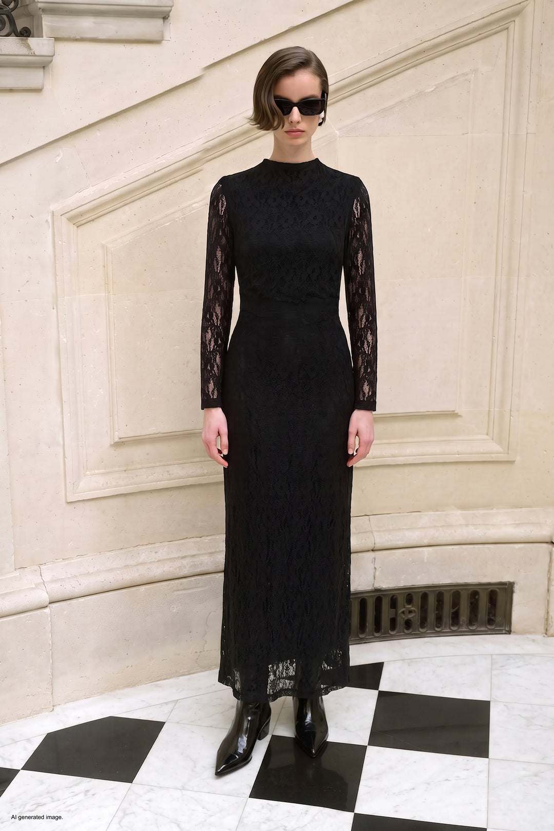 Sateen Robe en dentelle à manches longues - Noir