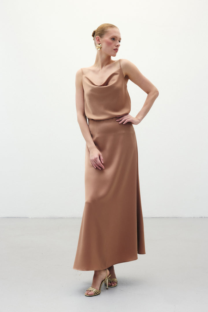 Sateen Jupe longue en satin - camel