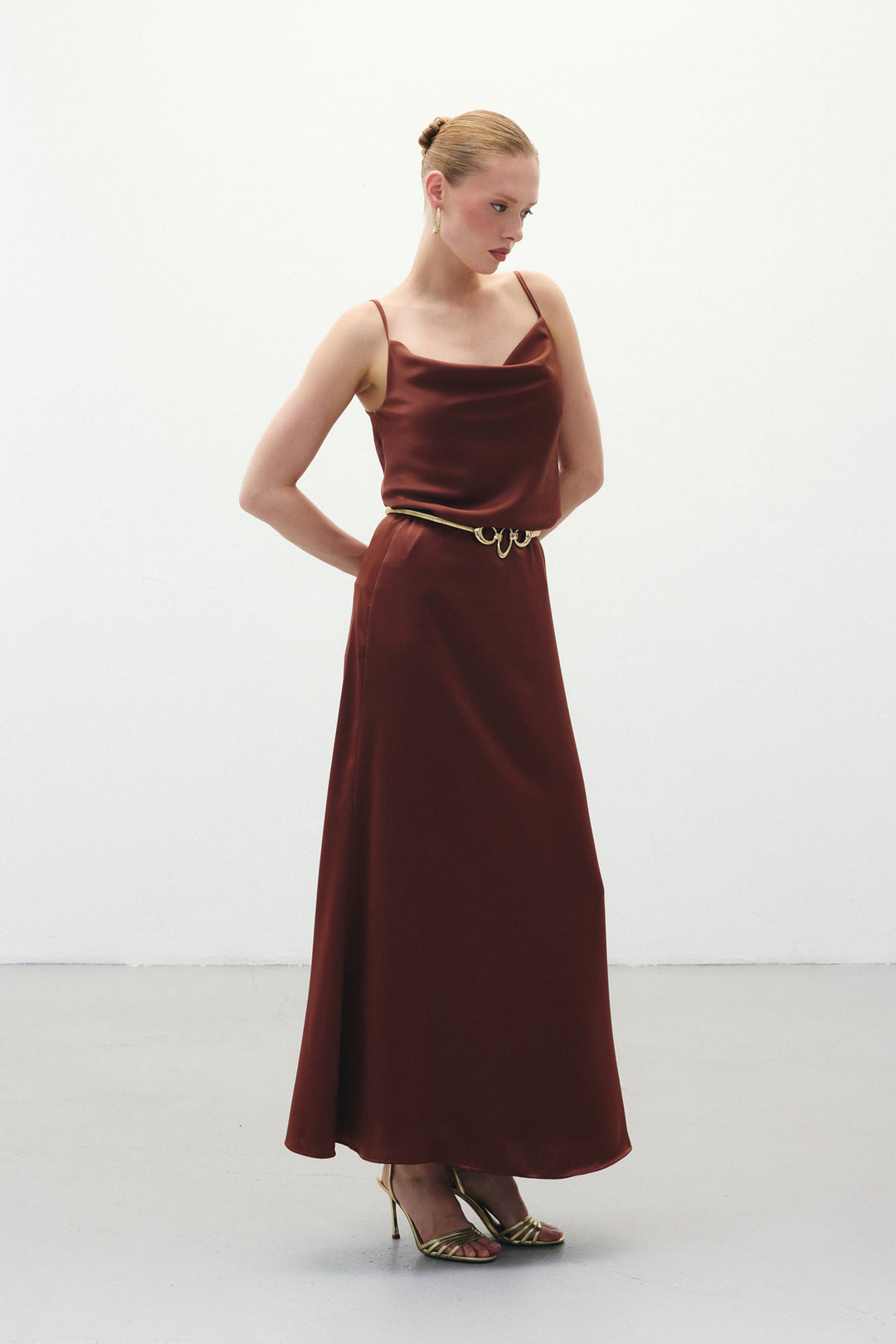 Sateen Jupe longue en satin - Marron