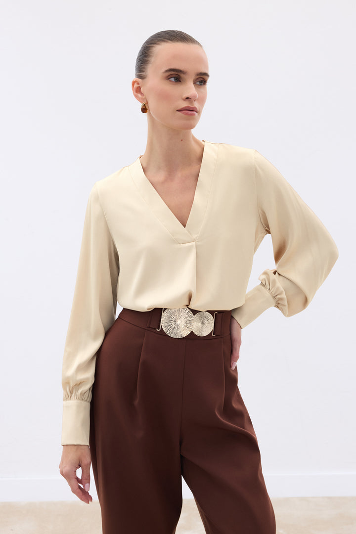 Sateen Blouse Satin à Col en V - Beige