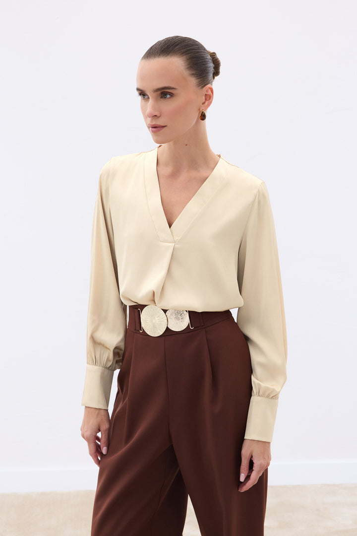 Sateen Blouse Satin à Col en V - Beige