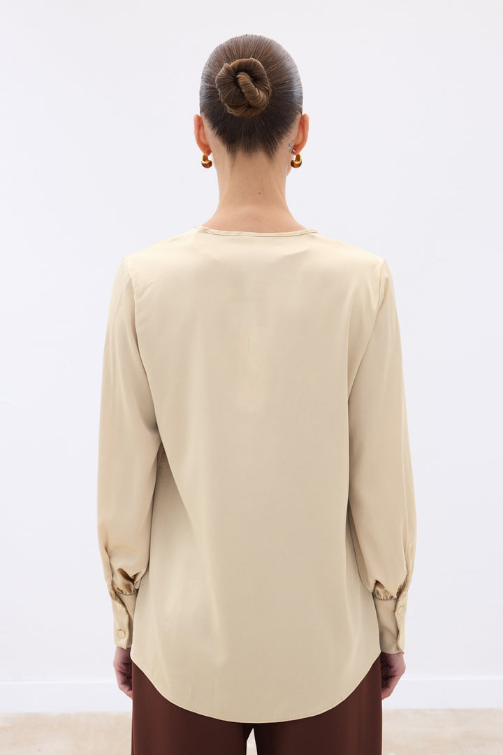 Sateen Blouse Satin à Col en V - Beige