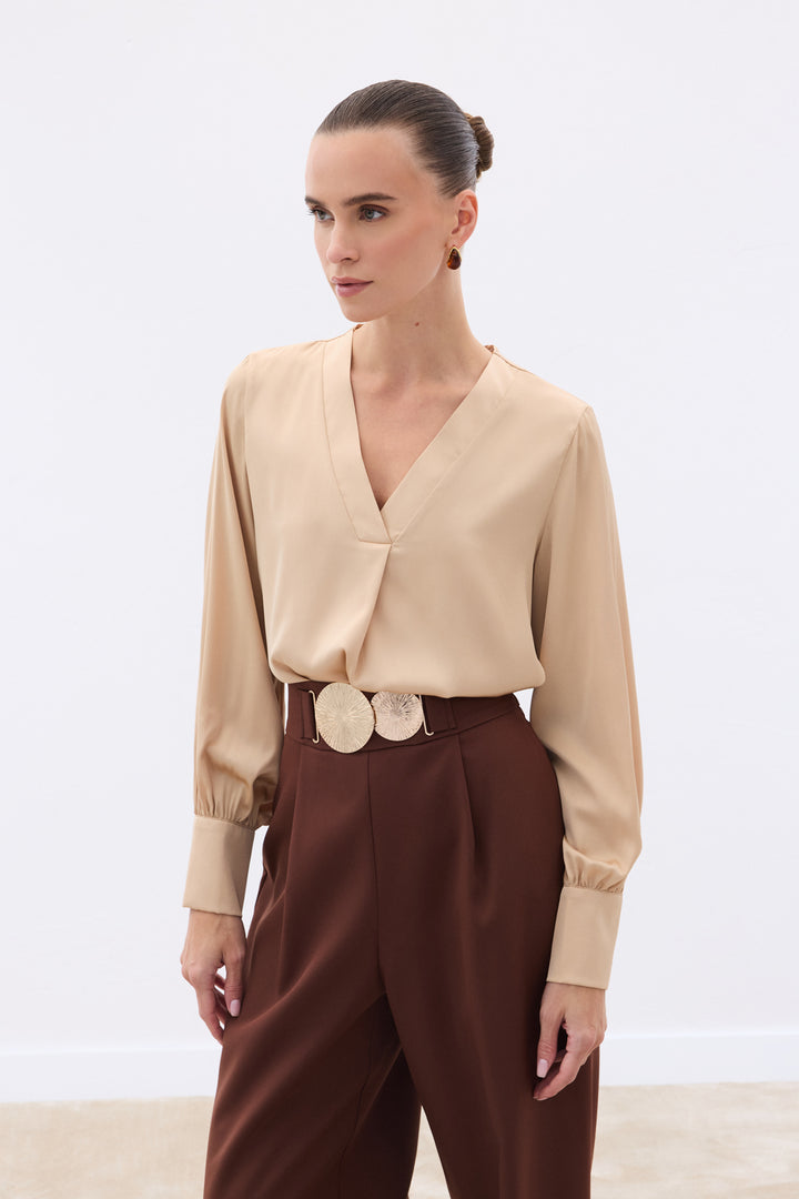 Sateen Blouse Satin à Col en V - camel