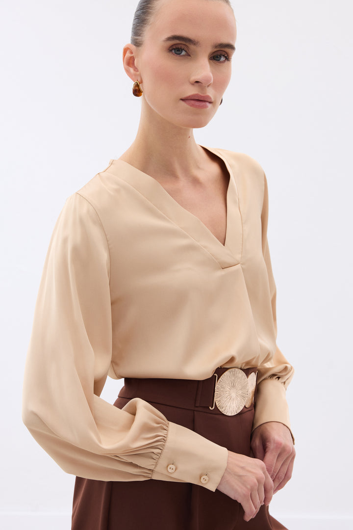 Sateen Blouse Satin à Col en V - camel
