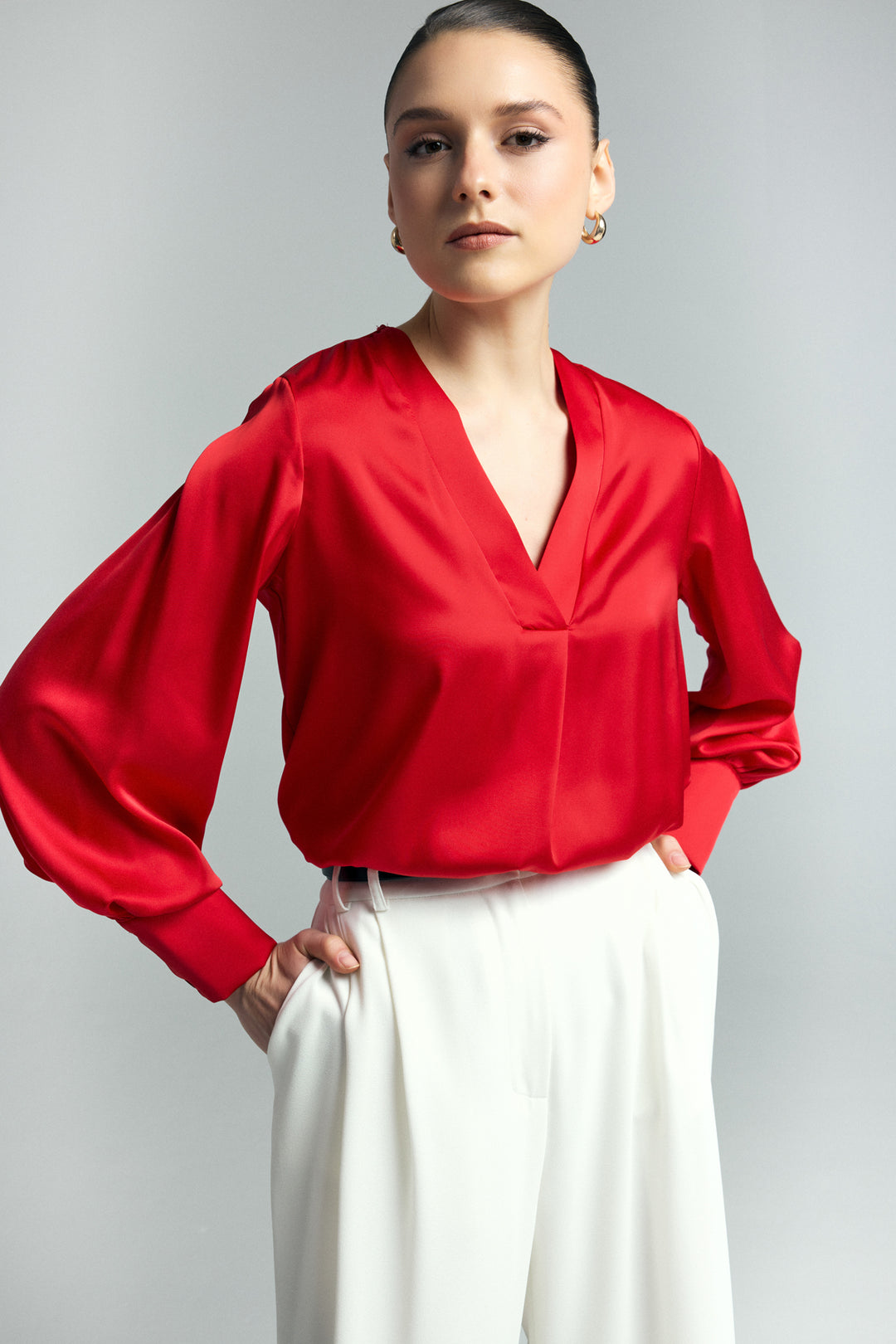 Sateen Blouse Satin à Col en V - Rouge