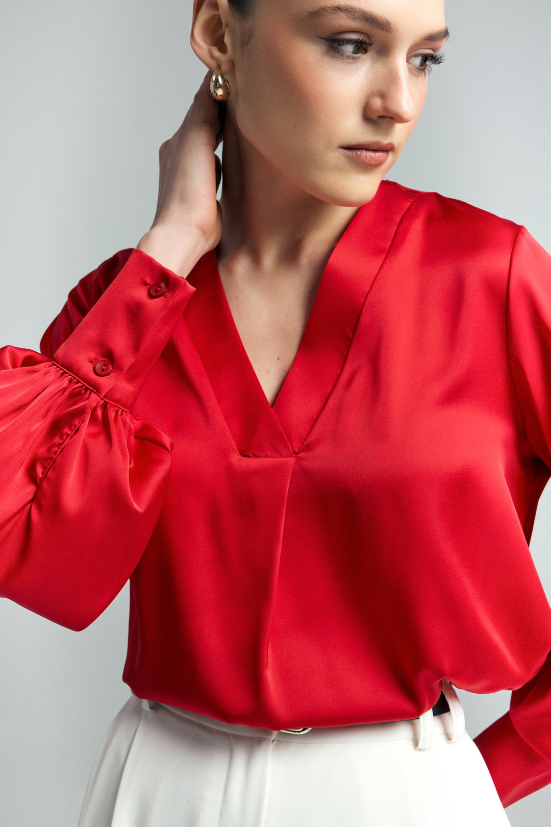 Sateen Blouse Satin à Col en V - Rouge
