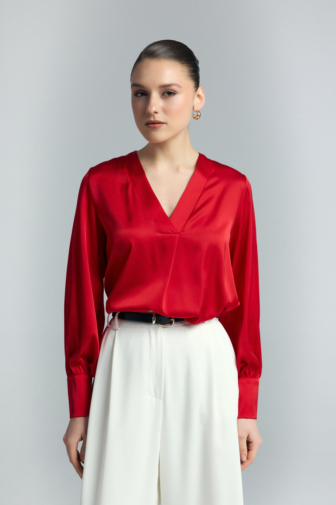 Sateen Blouse Satin à Col en V - Rouge