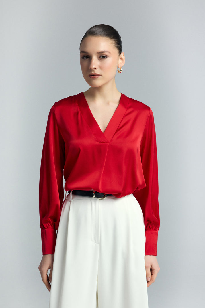 Sateen Blouse Satin à Col en V - Rouge
