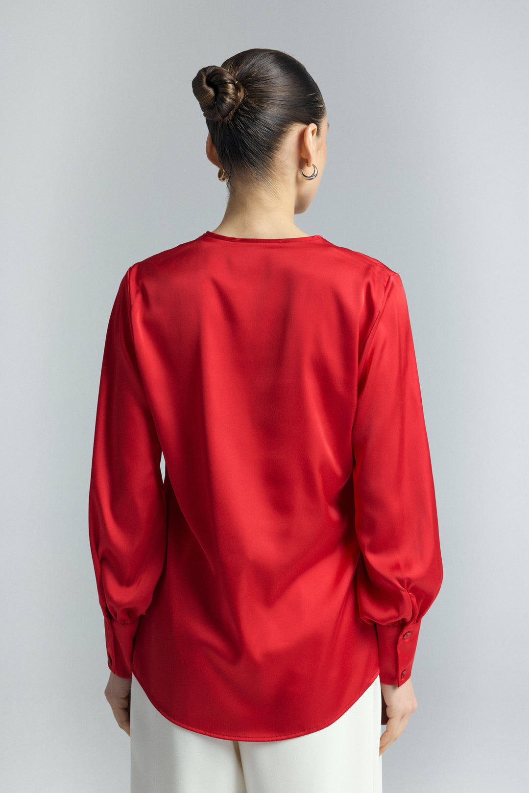 Sateen Blouse Satin à Col en V - Rouge
